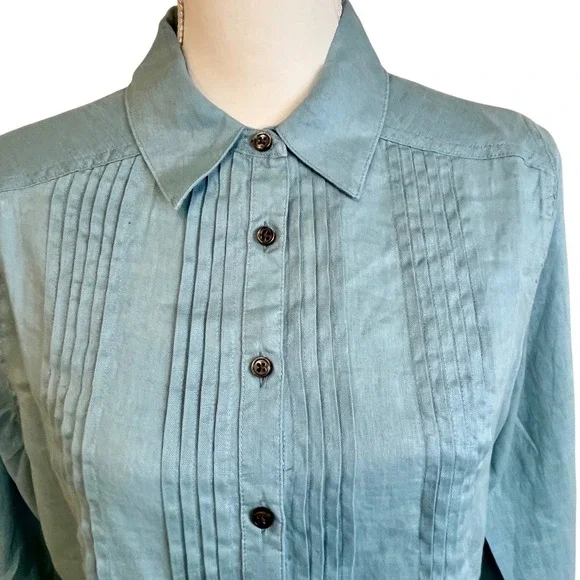 SUNDANCE Blue Katina Linen Pintuck Tunic Shirt Sz M Pleated Boho Travel‎ Relaxed - Picture 4 of 14